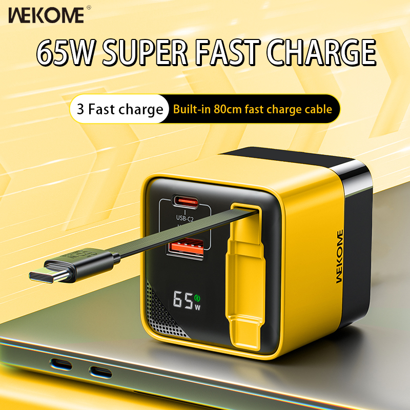 WEKOME 65W GaN Fast Charger USB-C Fast Charging With Built-in 80MM TypeC Cable EU US Plug For iPhone 15 Promax Xiaomi Samsung
