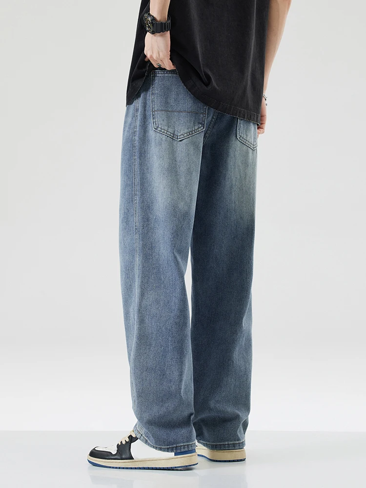 New Men's Cotton Fashion Wide Legs Jeans Y2K Spring Autumn High Street Trendy Casual Baggy Straight Fit Denim Trousers Blue 5