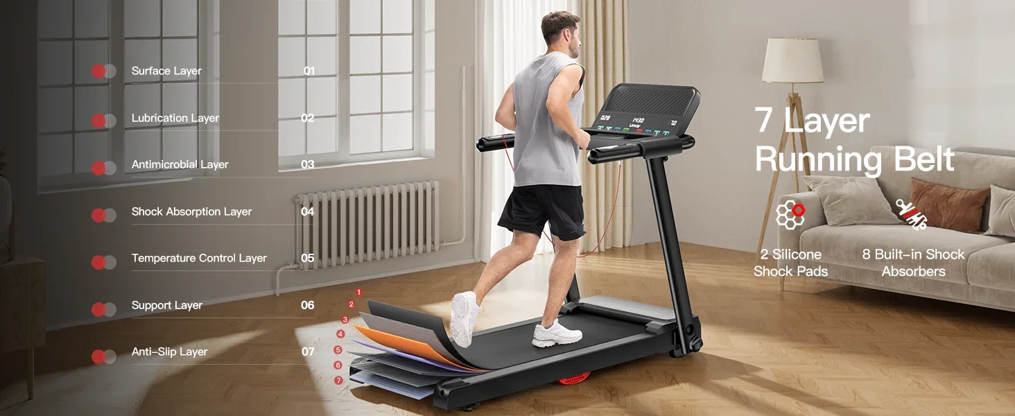 LONTEK foldable treadmill has 7 layers running belt 2 silicone shock pads and 8 internal absorbers