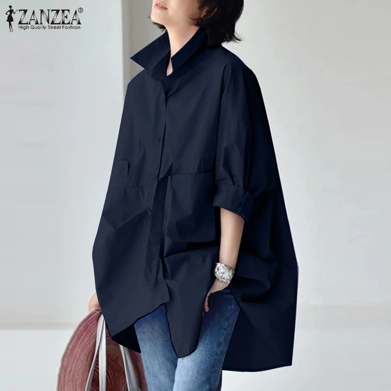 ZANZEA Frauen Chic Shirts Lose Beiläufige drehen-unten Kragen 3/4 Hülse Oversize Chemise Femme 2025, Frühling Sommer Einfarbig tops – Detail 12
