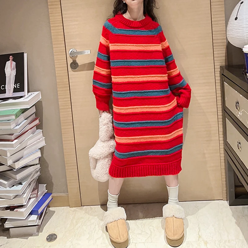 

Girls' long woolen dress with spring, autumn, and winter stripes, new red Korean knee length dress for warmth
