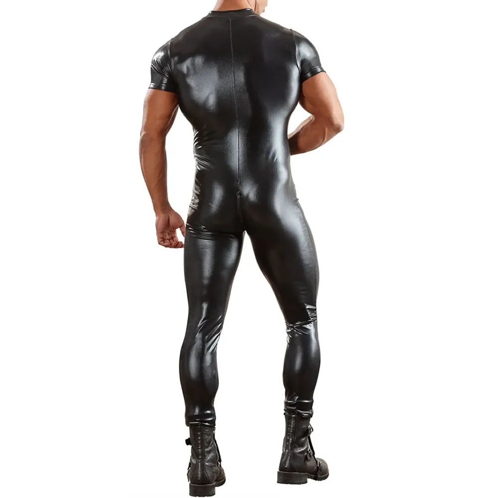 Mens Undershirts Jumpsuits Faux Leather One-piece Bodysuits Nightclub Stage Dancewear Zip Open Crotch Leotard Wrestling Singlets