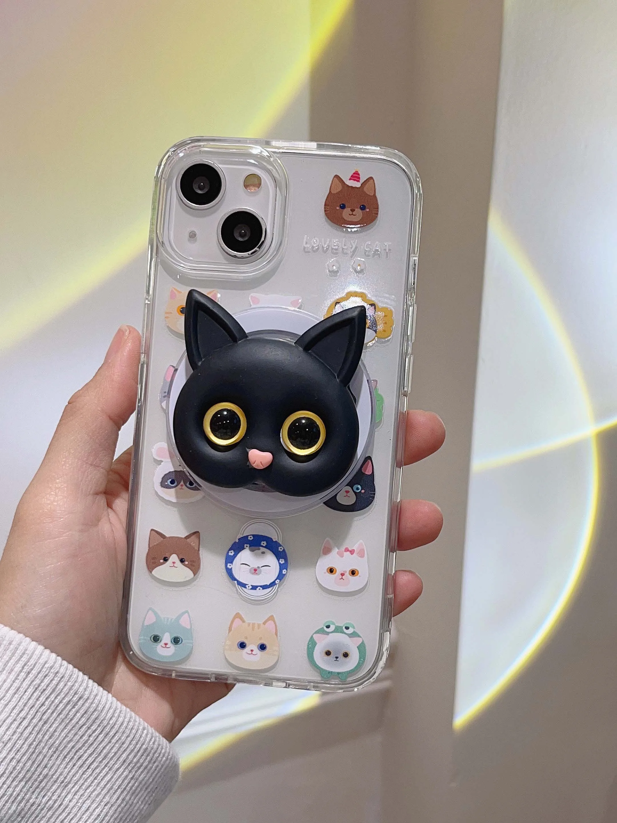 Custodia Per Telefono Con Staffa Per Testa Di Gatto Nero Carino Per 13 Iphone 11 15 Promax 13Promax 14 15 Promax 14Pro 12 Conque Trasparente Magnetico