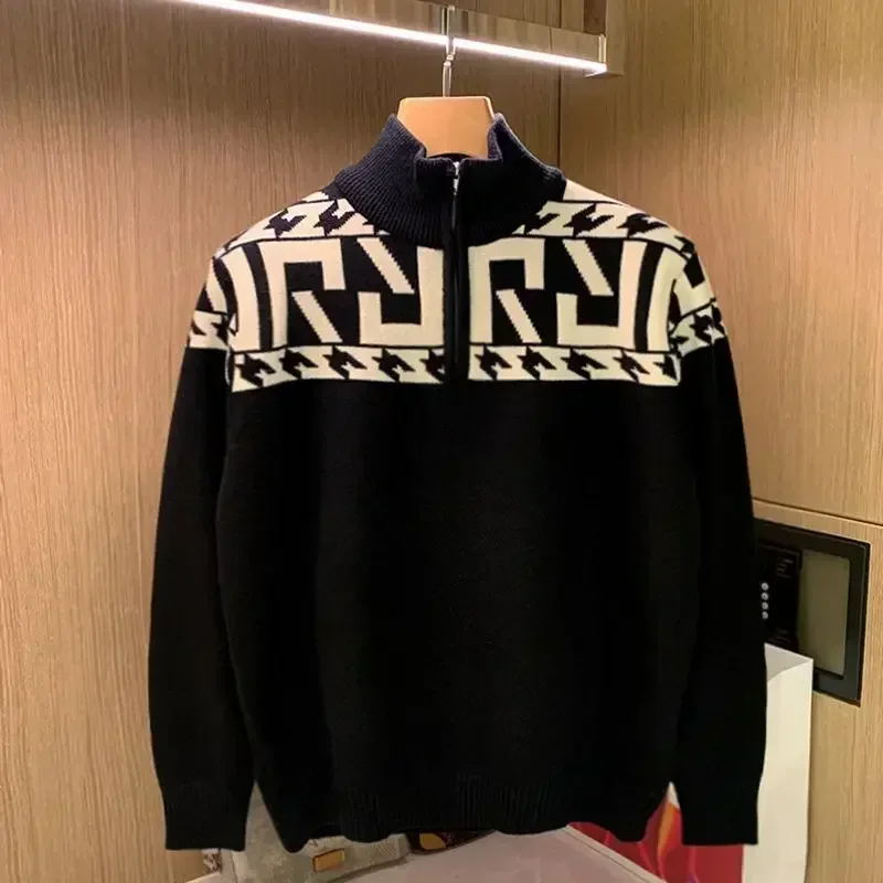 Suéter de punto con cremallera para hombre, jersey estético para hombre, cuello con cremallera gráfica, primavera y otoño, informal, corte holgado, clásico XV