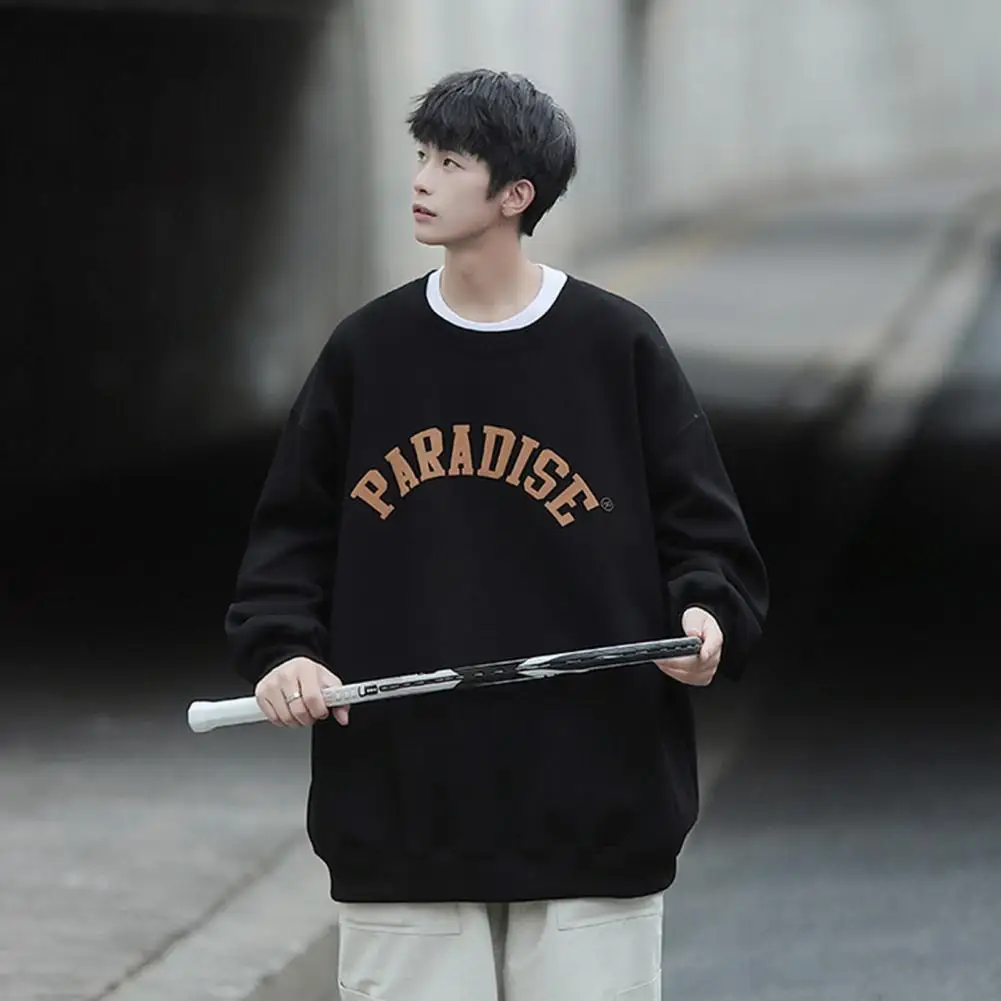 Description Picture 6 of itemCasual Loose Fit Sweatshirt Streetwear Men's Letter Print Sweatshirt with Crew Neck Elastic Cuff Soft Thick Warm for Fall