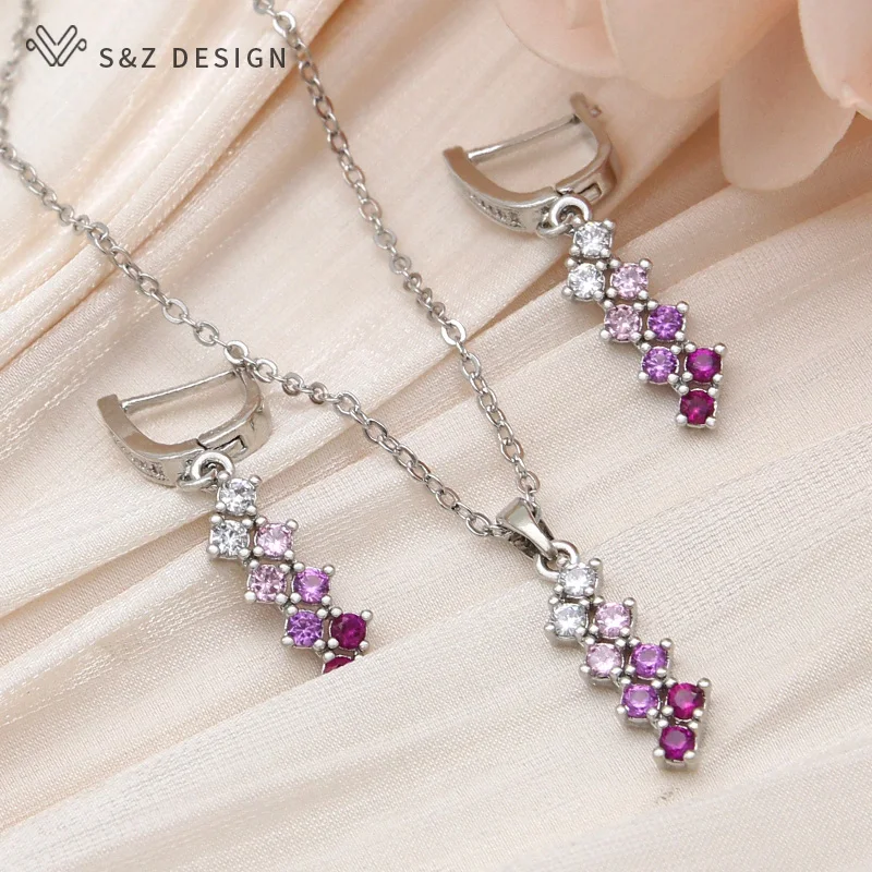 S&Z DESIGN New Fashion 585 Rose Gold Color Pink Gradation Cubic Zirconia Pendant Necklace For Women Party Stylish  Jewelry Gift