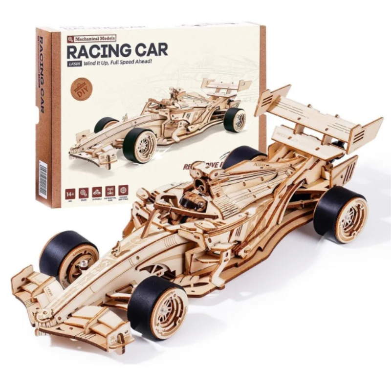 Robotime 3D Wooden Puzzle Racing Car Model Kits 5H Build 8-10M Forward LK505 Mechanical Roaring Engine for Adults Teens kids 1