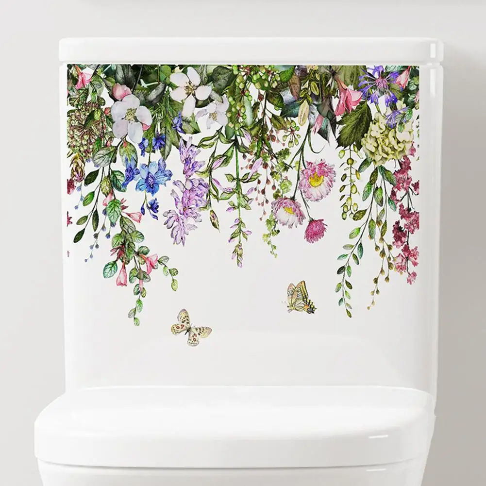 Wall Stickers Toilet Stickers Green Plant Leaves Flowers Toilet Stickers Waterproof Self-Adhesive Toilet Lid Stickers Wall Decals Cover for Bathroom