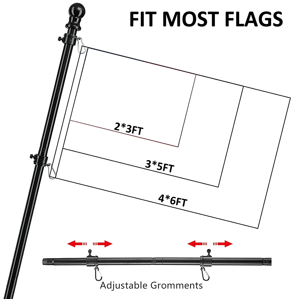 1.8M Telescopic Flag Pole Tangle-free 360 Rotating Rings Stainless Steel Guide Banner Flag Pole for Outside Wall Mount