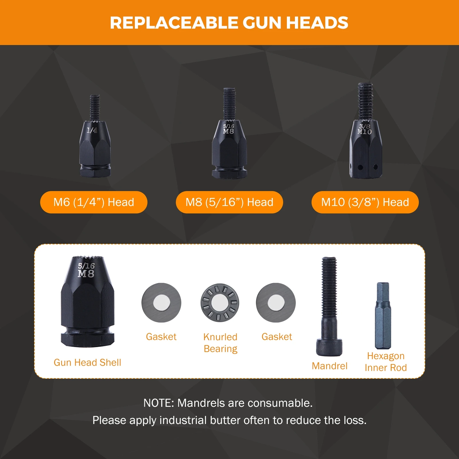 Pneumatic Air Rivet Gun Blind Riveting Gun Flat Nuts Riveter Rivenut Tool Kit With M6 M8 M10 Self-Locking Head With 150pcs Nuts