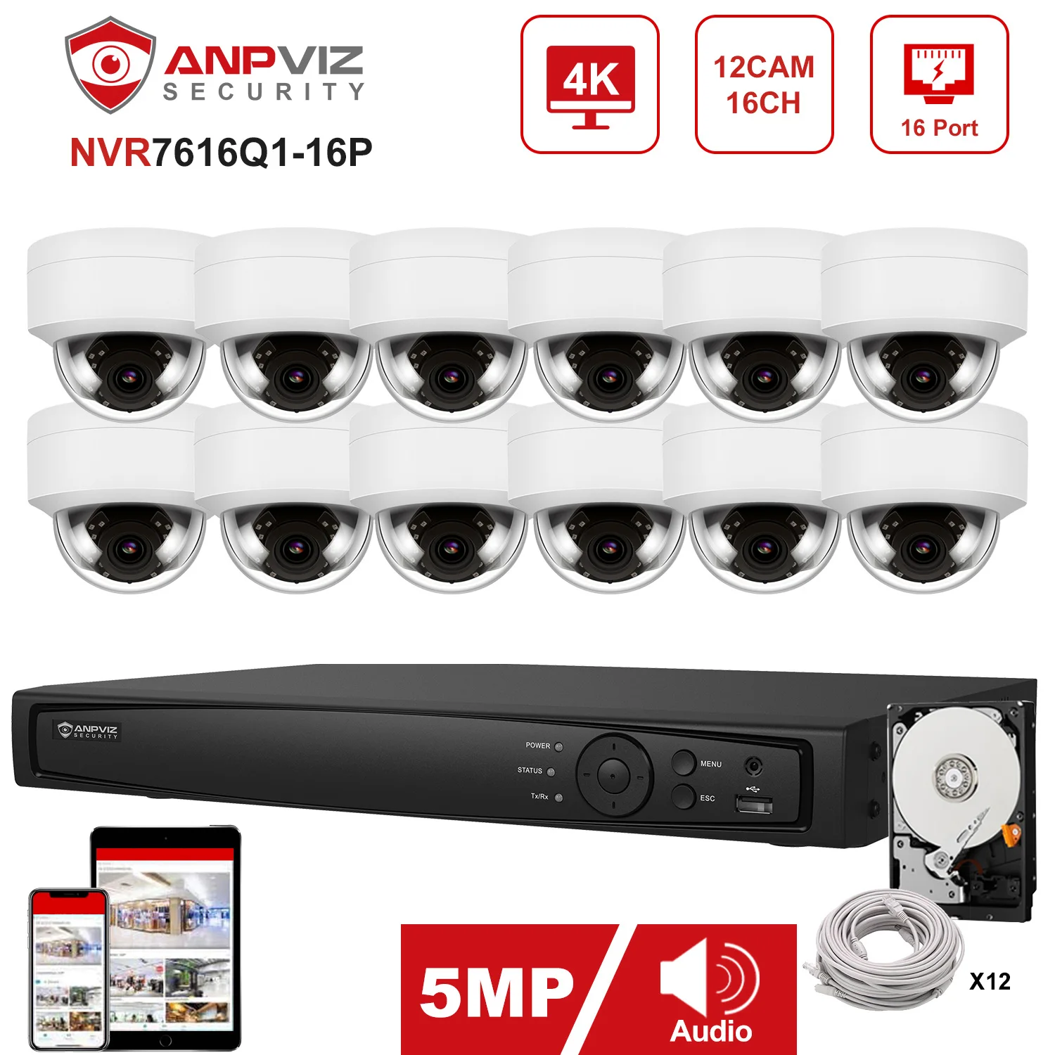 Anpviz 16CH 4K NVR 5MP POE IP Camera 12pcs Indoor/Outdoor IP Camera CCTV Security Surveillance Kit IP66 30m Security Protection