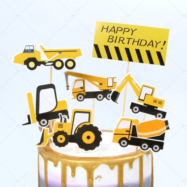 Vehicle Cake Decor Digging Machine Cake Toppers Road Sign Baby Shower Cake Supplies Birthday Party Decorations Kids