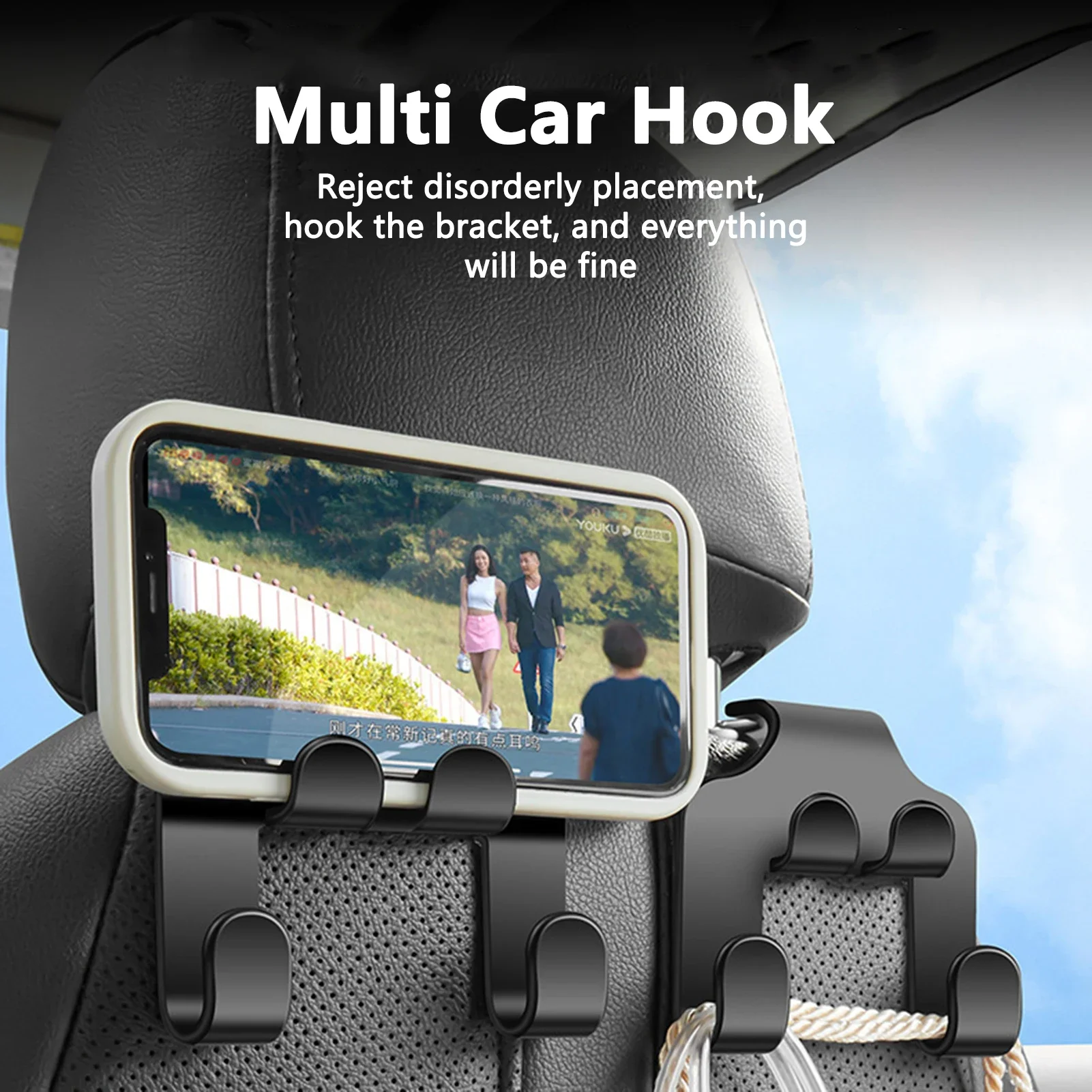 Black ABS Car Backseat Phone Holder with Hook for Rear Seat Storage
