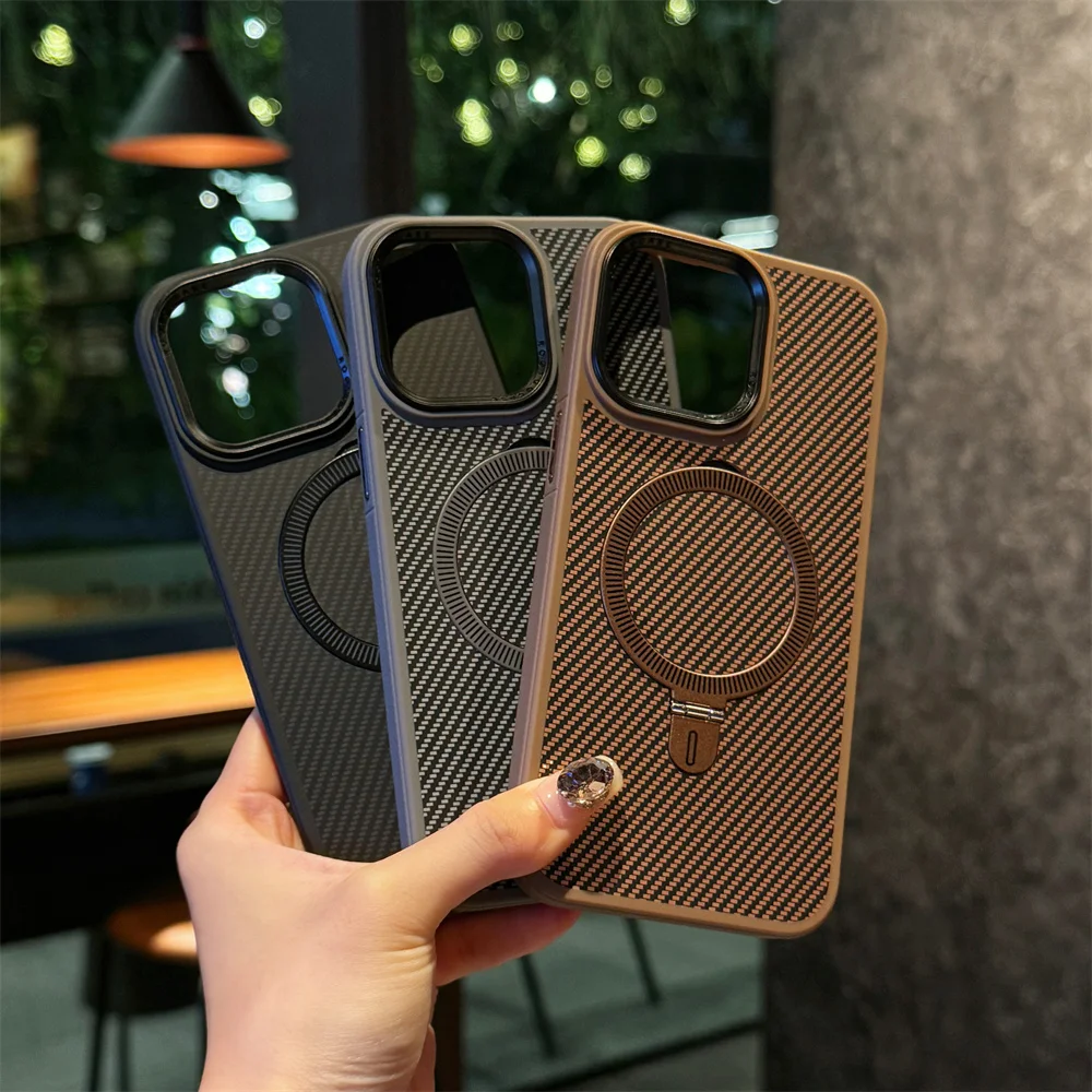 Sleek Magnetic Holder Carbon Fiber Leather Phone Case with Ring Bracket Cover