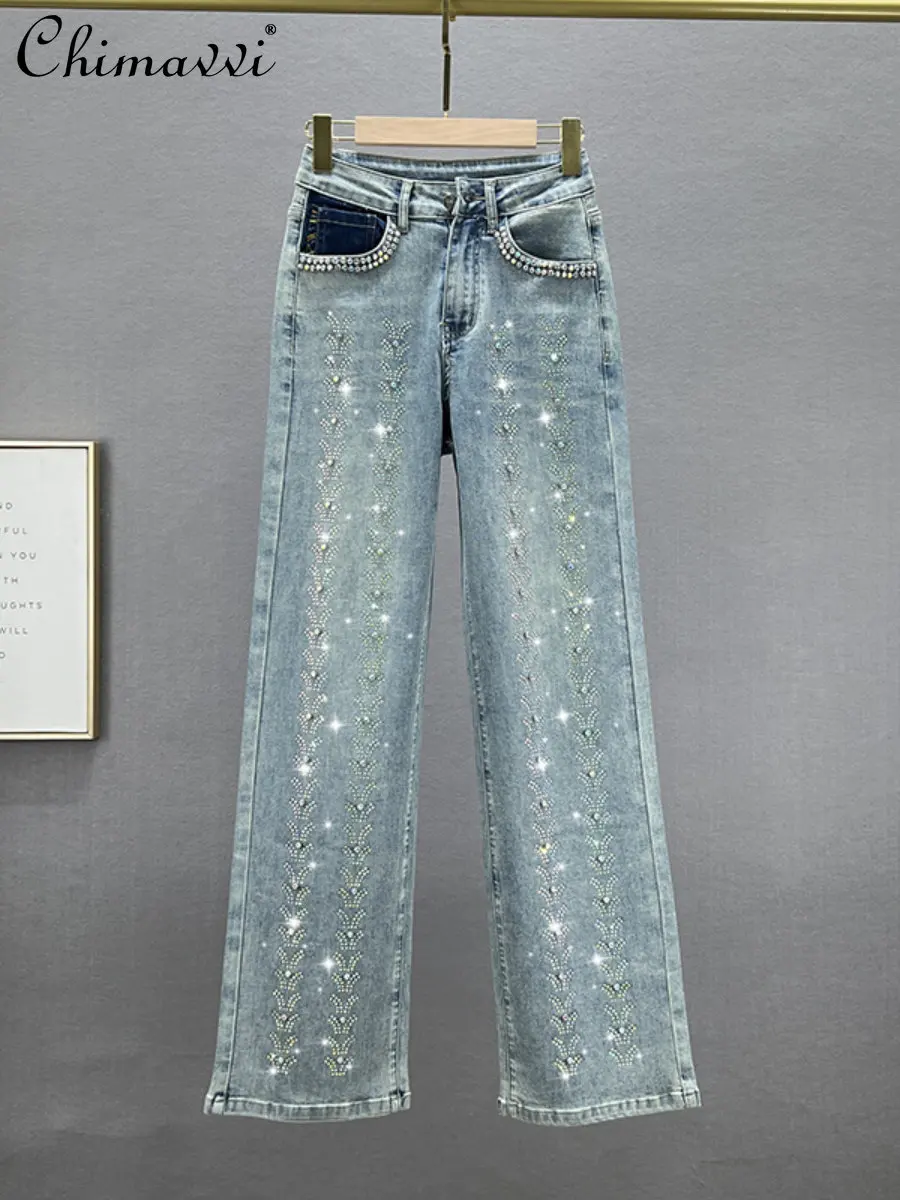 heavy-jeans-women-2023-summer-clothes-new-fashion-high-waist-loose-slimming-trousers-european-goods-diamond-mop-pants-lady