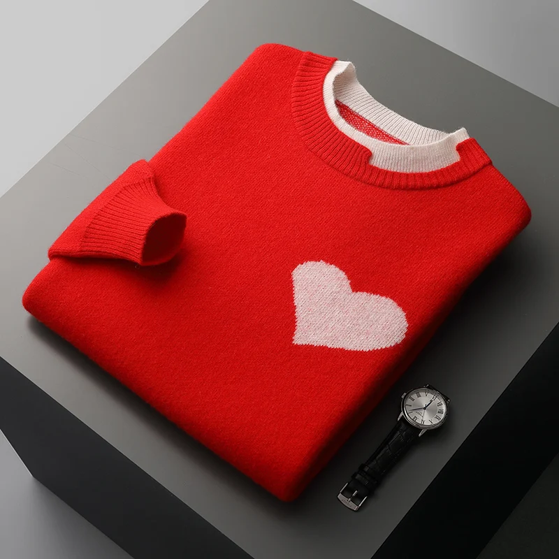 

Autumn and winter new 100% merino wool men's sweater O-neck fake two long-sleeved youth Jacquard plus size warm knit coat.