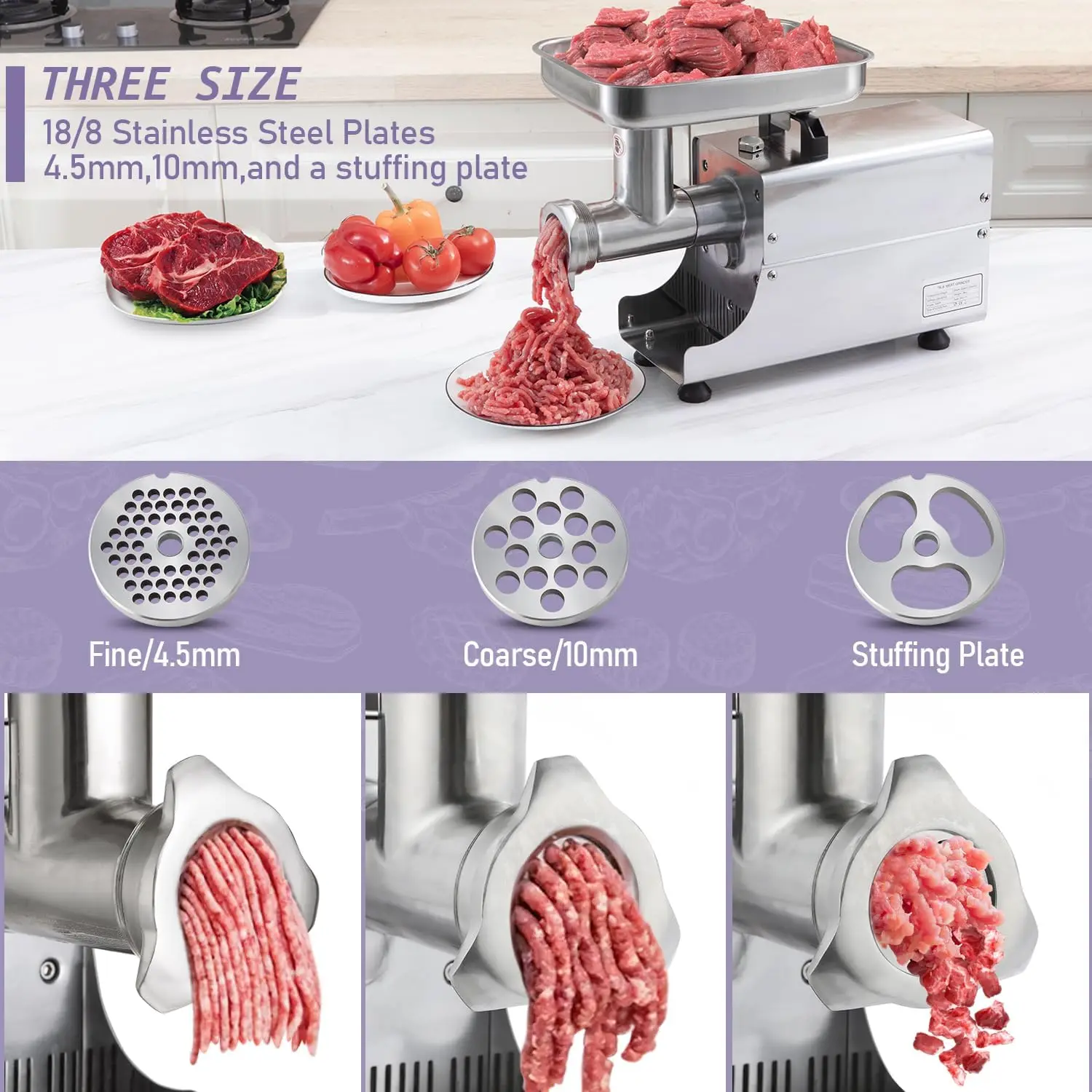 304 Stainless Steel Electric Meat Grinder 2800W Max Meat Grinder Heavy Duty Commercial Meat Grinder #8 3