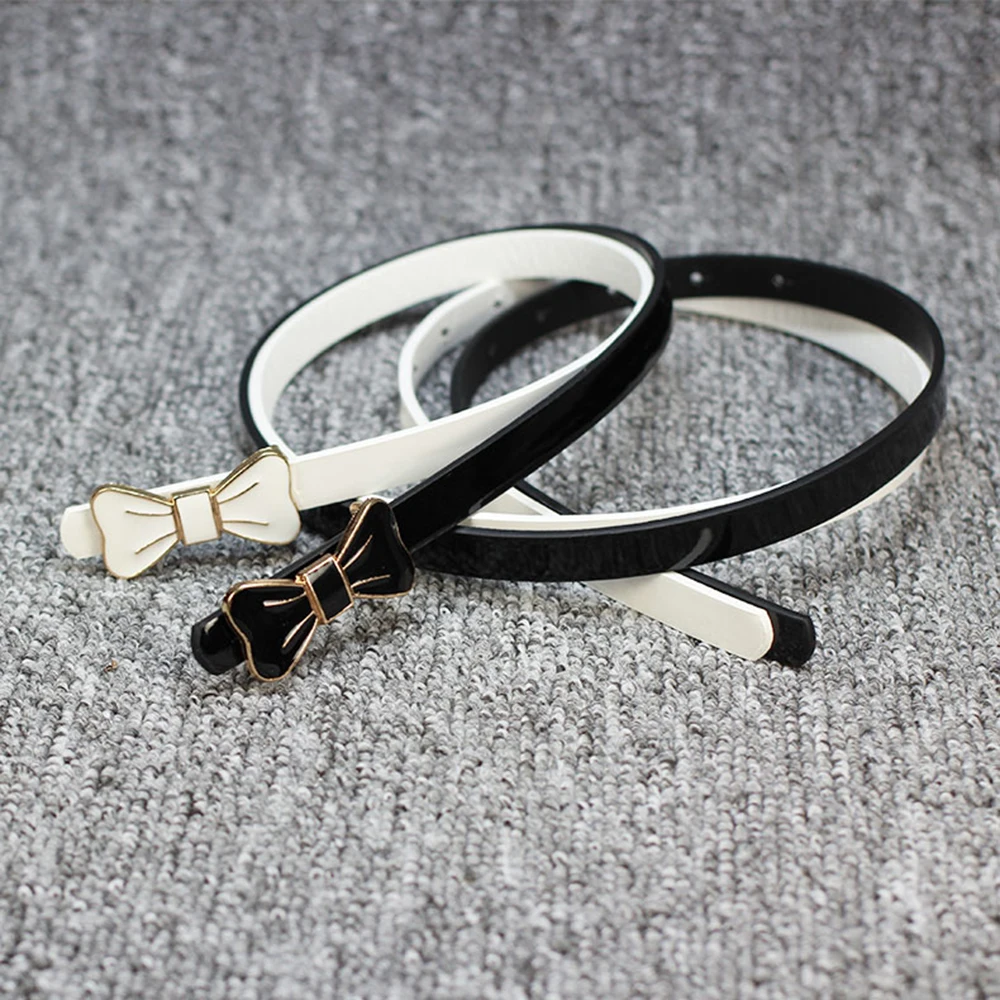 

Fashion Sweet Metal Bow Buckle Ladies Patent PU Leather Thin Dress Belt For Women Luxury Designer Brand Waist Strap Waistband