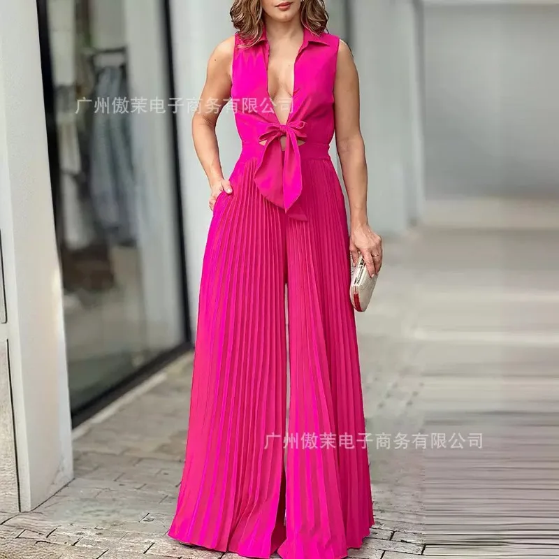 

2024 Spring Summer New Women's Clothing Solid Color Sleeveless Deep V-neck Lace up Cinched Pleated One-Piece Trousers