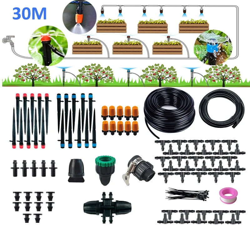 30M Greenhouse Micro Drip Irrigation Kit Automatic Patio Misting Plant Watering System With 1/4'' 1/2'' Hose Adjustable Nozzle