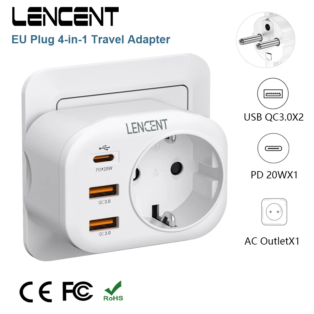 LENCENT EU Stecker Schnelle Ladegerät mit 1 AC Outlet 2 USB C 3,0