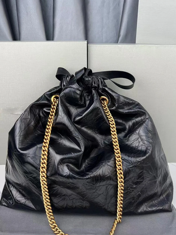 

Design vintage ruffled cowhide drawstring mouth large capacity handbag women's new underarm bag multi-functional shoulder bag