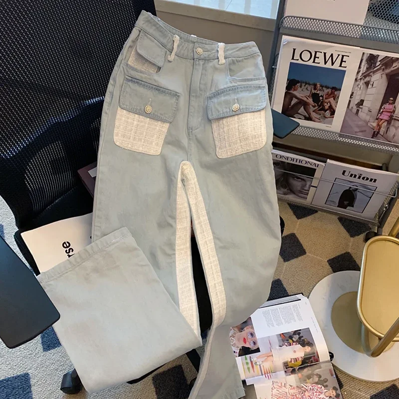 2024 Fashion American Retro High Street Jeans For Women New Wide Leg Straight Pocket Patchwork Denim Trousers Streetwear Y2K