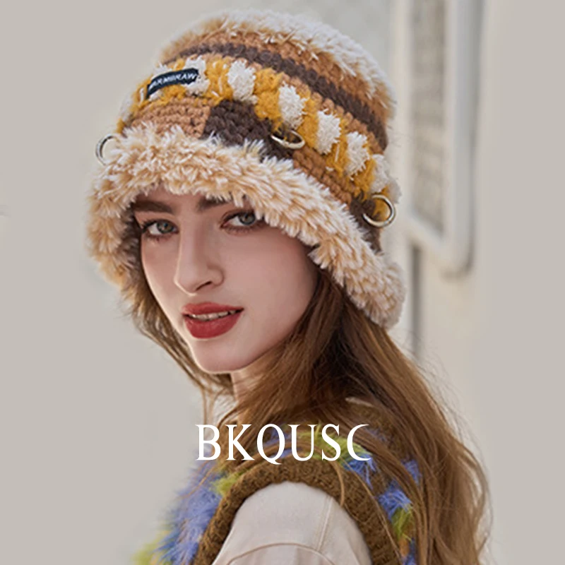 

Ethnic Hand Woven Knitted Basin Hat Female Colorful Tassel Woolen Hat for Women Retro Hollow Metal Ring Beanies Bucket Hats