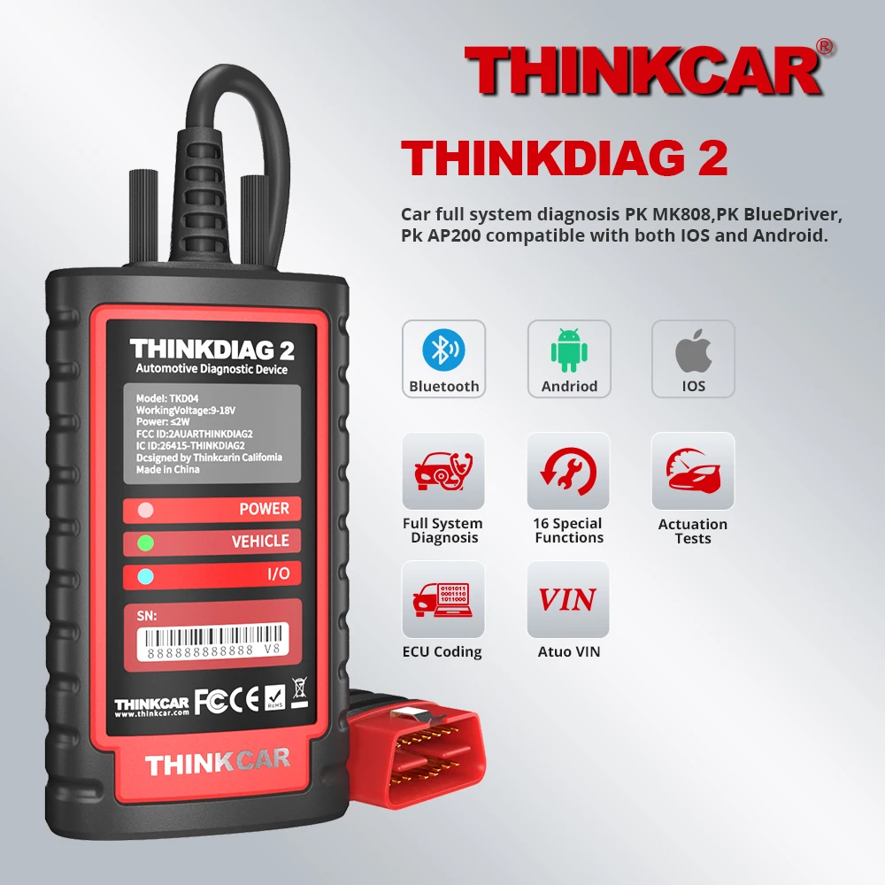 New THINKCAR ThinkDiag 2 All Car Brands Canfd Protocol 16 Reset Service 1 Year Free OBD2 Diagnostic Tool Active Test ECU Surpass