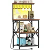 Bakers Rack with Power Outlet and LED Light, Small Microwave Stand with 4 Tier Shelves, Coffee Bar Station Table with 6 S Hooks 1