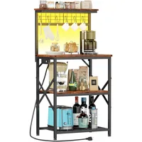 Bakers Rack with Power Outlet and LED Light, Small Microwave Stand with 4 Tier Shelves, Coffee Bar Station Table with 6 S Hooks 1