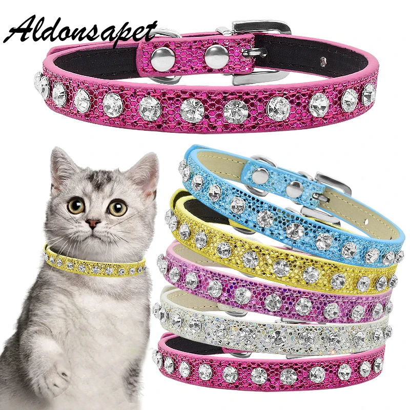 Bling Cat Collar Rhinestone Leather Cat Collar Necklace Adjustable Jewelry Buckle Pet Collar For Kitten Puppy Small Dog Collar