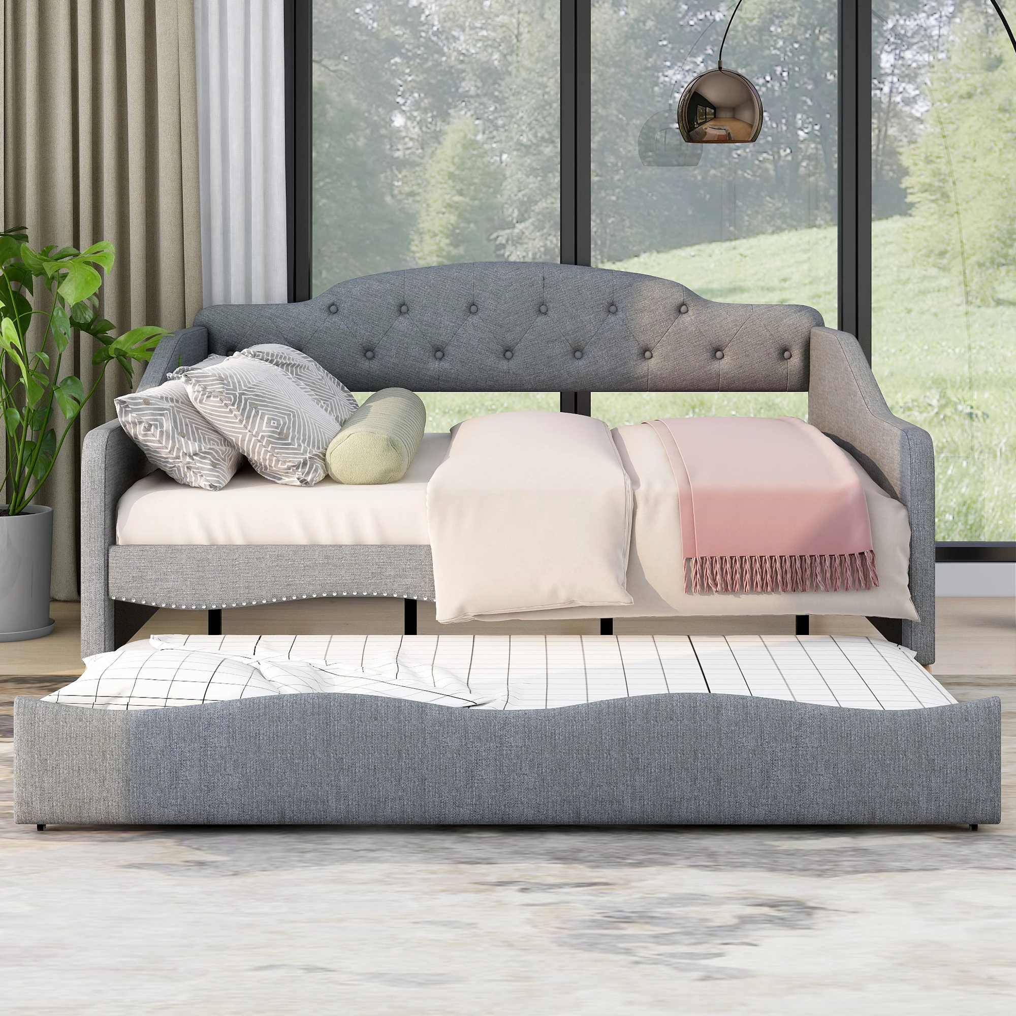 

Full Size Vintage Upholstery Daybed with Trundle,Gray