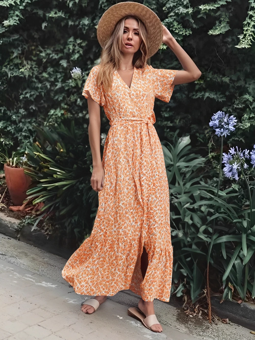 Summer Vintage Orange Flower Print Wrap Long Dress Bohemian