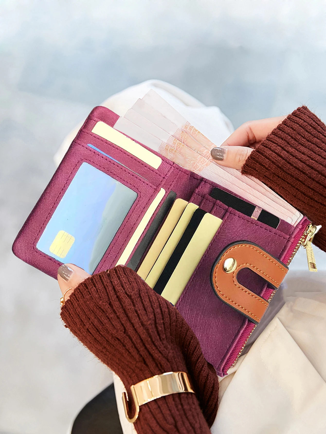 Women's Wallet PU Leather Short Double Fold Wallet Color Contrast Large Capacity Credit Card Card Bag leather wallet women wallet card wallet faux leather wallet pu leather card bag
