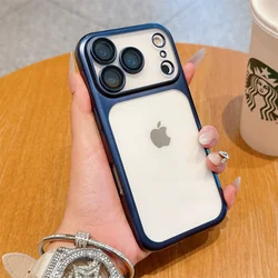 Luxury Frosted Transparent Matte Phone Case with Full Lens Protector and Metallic Frame - iPhone 12 Pro Max (Navy Blue)