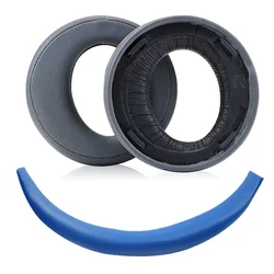 Jet Black Ear Pads Cushion Headband for Wireless Stereo Headset (Grey leather(Blue))