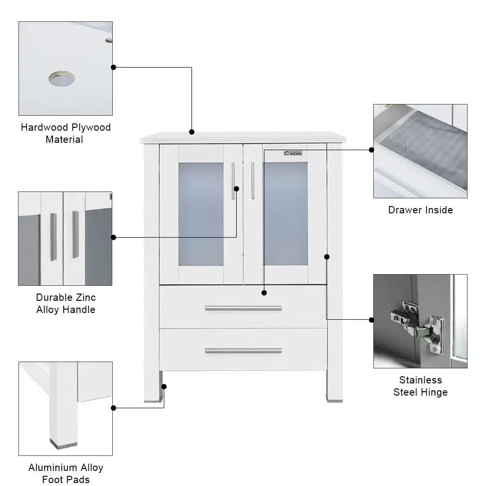 White Stand Cabinet Bathroom Vanity Sink Combo with Blue Boat Glass Vessel Sink & Water-Save Faucet Spacious Storage 4