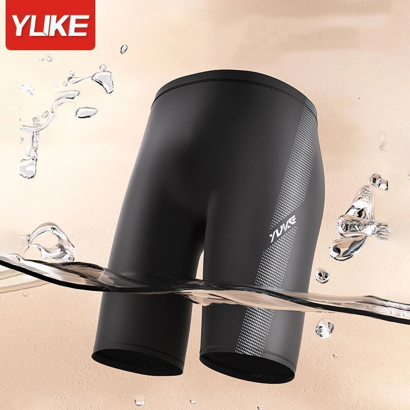 YUKE Professional Men's Swimming Trunks Shorts Long to Knee Competitive Swim Training Swimsuit Men Pants Quick dry Black