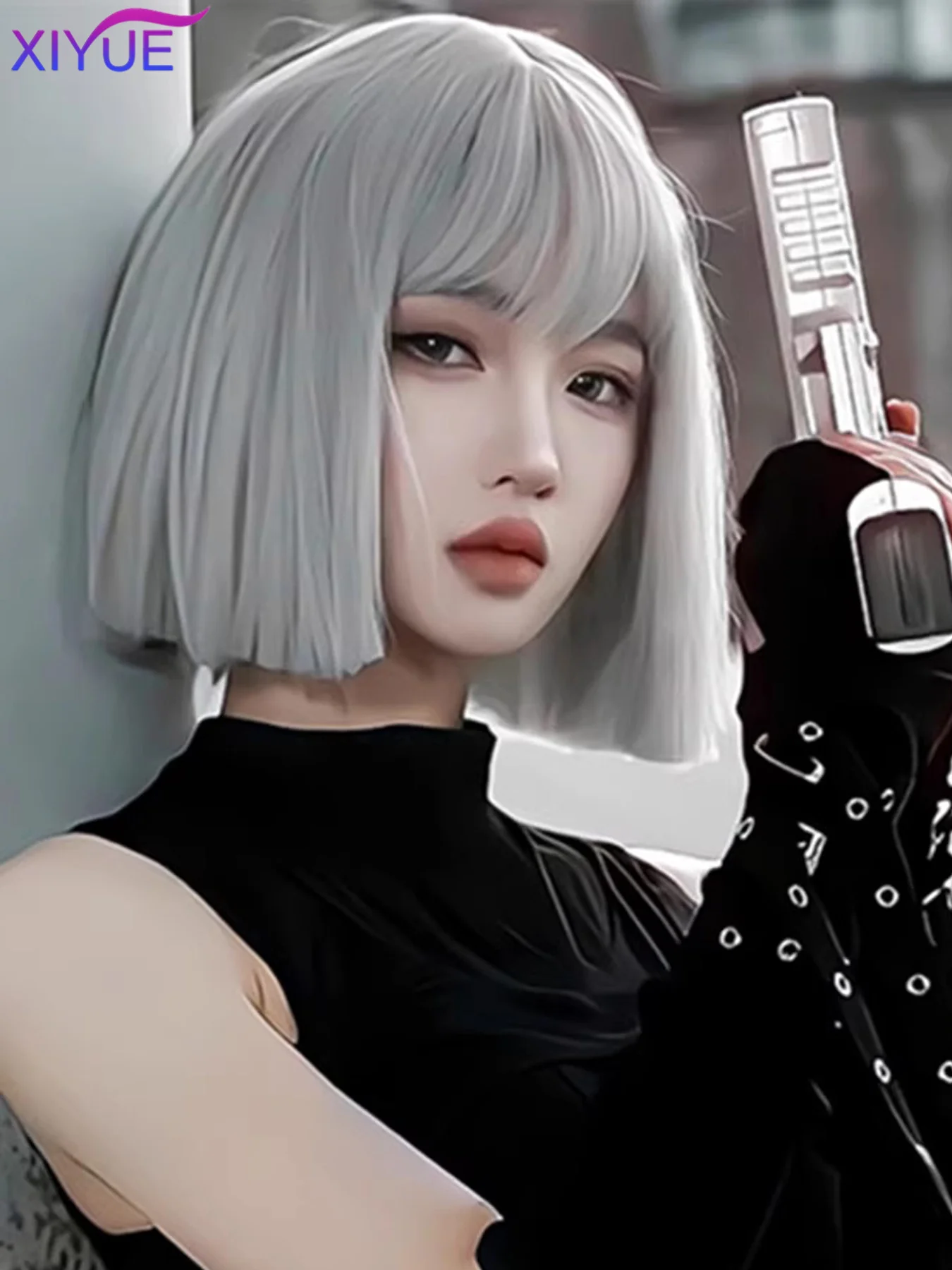 Sliver Gray Bob Wigs with Bangs Short Straight Synthetic Wigs for Women Grey Cute Lolita Party Hair Heat Resistant