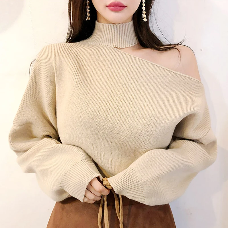 New Autumn and Winter Women's Semi-turtleneck Off-shoulder Long-sleeved Sweater Elegant and Sexy Lantern Sleeves Loose Knitwear
