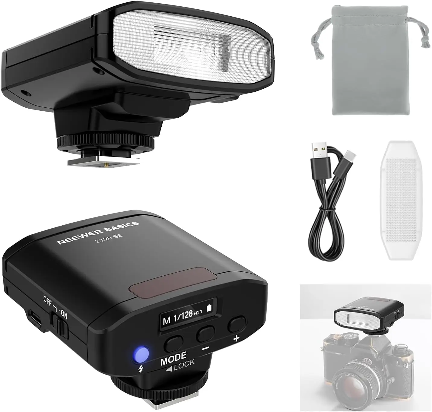 NEEWER Basics 5600K Mini-Kamerablitz Speedlite GN12, 2000 mAh/500 Blitze/0,1-1,8 s Recycling, Licht für Canon Fujifilm Sony Nikon