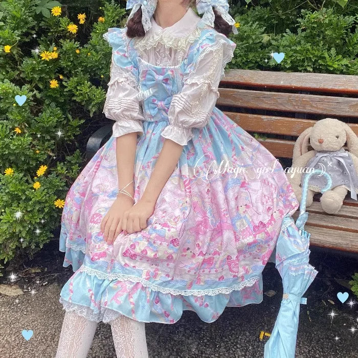 Kawaii Lolita Dress Strap JSK Dress Cute Cartoon Print Fashion Victorian Women Bow Printed Summer Clothing Vestidos