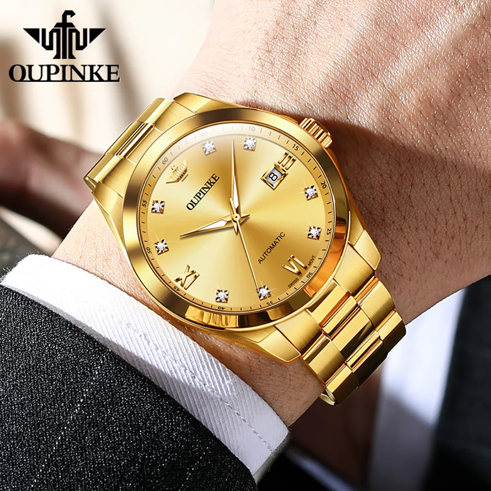 OUPINKE 3199 Real Diamond Automatic Watch for Men Stainless Steel Waterproof Sapphire Mirror Luxury Men's Mechanical Wristwatch
