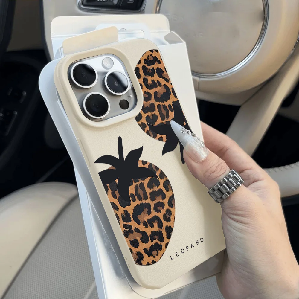 Leopard Print Leather Soft Matte Phone Case with Lichee Pattern