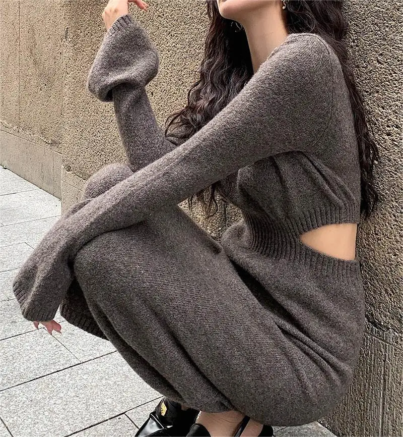

New Autumn Winter Women Knitted Dress Gray Sweater Dresses Lady Slim Bodycon Long Sleeve Hollow Out Dress Vestidos