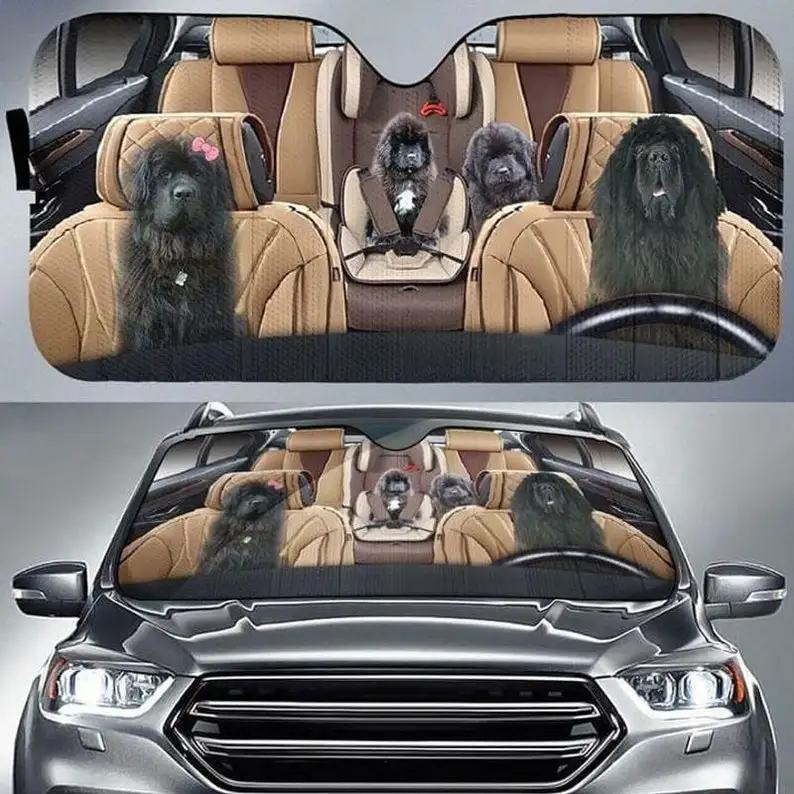 

Black Newfoundland Dog Family Drive A Car Wonderful Car Decor Sunshade For Dog Lovers Windshield Sunshade