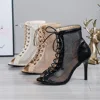 Sexy High Heels Hollow Mesh Sandals Women's Summer Cross-tied Peep Toe Heeled Sandals Ankle Strap Dance Shoes Black Net Sandals 4