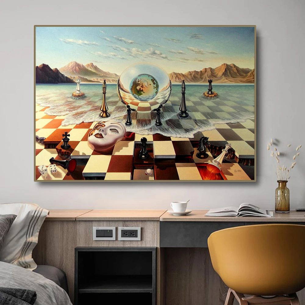 

Salvador Dali Surrealism Chess Mask On Sea Canvas Painting Modern Wall Art Pictures Abstract Posters and Prints for Home Decor