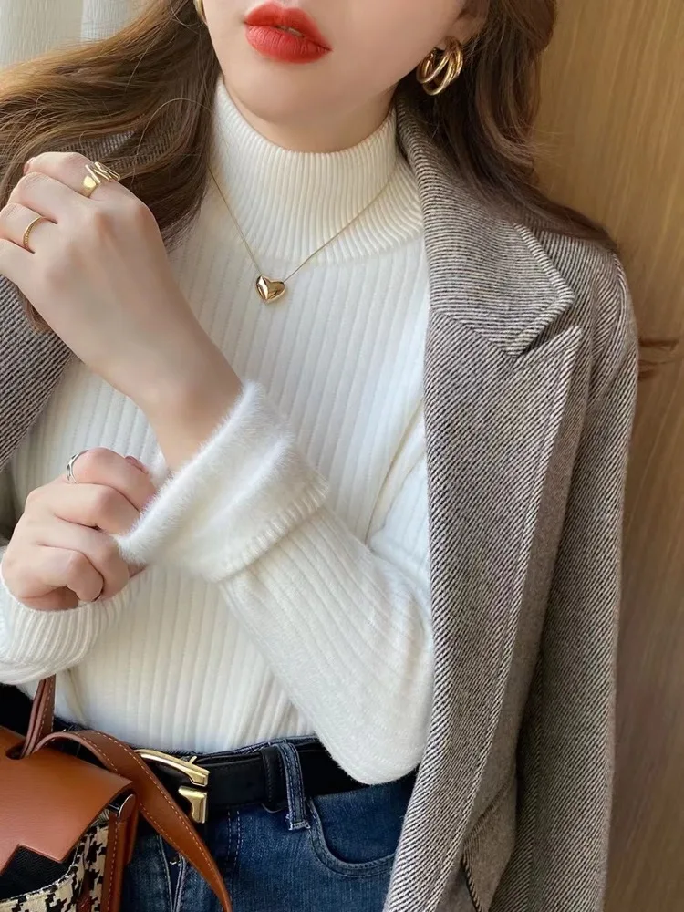 Autumn and Winter Warm Integrated Velvet Women's Half Hight Collar Long-sleeved Slim-fit Sweater Knitwear Casual Bottoming Shirt